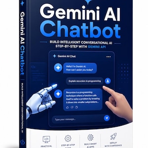 May include: A book cover for "Gemini AI Chatbot" in shades of blue. The title is in large white letters. The cover features a chatbot interface with a robotic hand and a human hand interacting with the interface. The book promises to build intelligent conversational AI step-by-step.