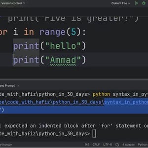 May include: A computer screen displaying a code editor with a Python script. The code shows a for loop with print statements. A terminal window below displays an IndentationError message, indicating an expected indented block after the for statement.