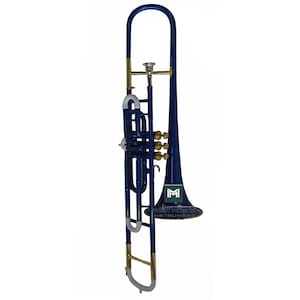 May include: A blue trombone with gold-colored accents and a silver mouthpiece. The instrument features three gold-colored valves, white tubing connectors, and a logo on the bell that reads IMI Indian Musical Instrument in white and gold text.