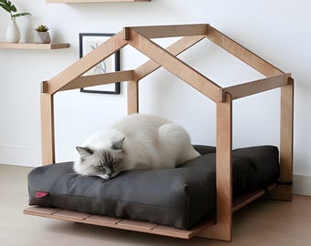 Open-top house for cats and small dogs, wooden pet bed, cat furniture, gift for pet lovers, handmade sleeping place for cats