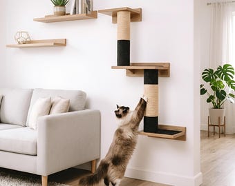 Wall-mounted two-section cat sisal scratching post with shelves, wooden cat steps, handmade cat furniture, cat climbing wall, cat tree