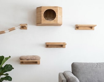 An der Wand befestigtes Katzenhaus aus Naturholz, handgemachte Katzenmöbel, Katzenwandstufen, Katzenregale aus Holz, Katzenschlaf- und Spielkomplex