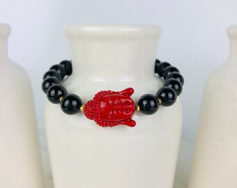 Onyx Buddah Gemstone Black Red Beaded Bracelet Gemstone Jewelry Healing Jewelry Stretchy Bracelet Gift for Her Anniversary-800