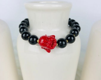 Onyx Buddah Gemstone Black Red Beaded Bracelet Gemstone Jewelry Healing Jewelry Mala Beads Stretchy Bracelet Gift for Her Anniversary-800