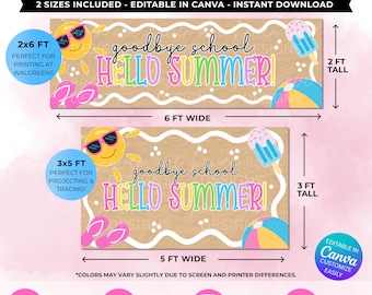 Banner "Adiós escuela, hola verano" / Decoración editable para el aula en Canva (Descarga digital)