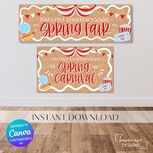 May include: Two brown rectangular signs with red and white accents. The top sign reads "Pine Grove Elementary School Spring Fair" in red script. The bottom sign says "Pine Grove Elementary School Spring Carnival". Both signs have carnival-themed illustrations.