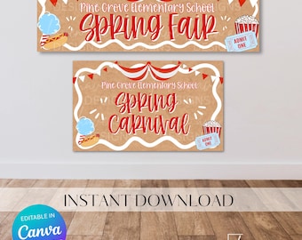 May include: Two brown rectangular signs with red and white accents. The top sign reads "Pine Grove Elementary School Spring Fair" in red script. The bottom sign says "Pine Grove Elementary School Spring Carnival". Both signs have carnival-themed illustrations.