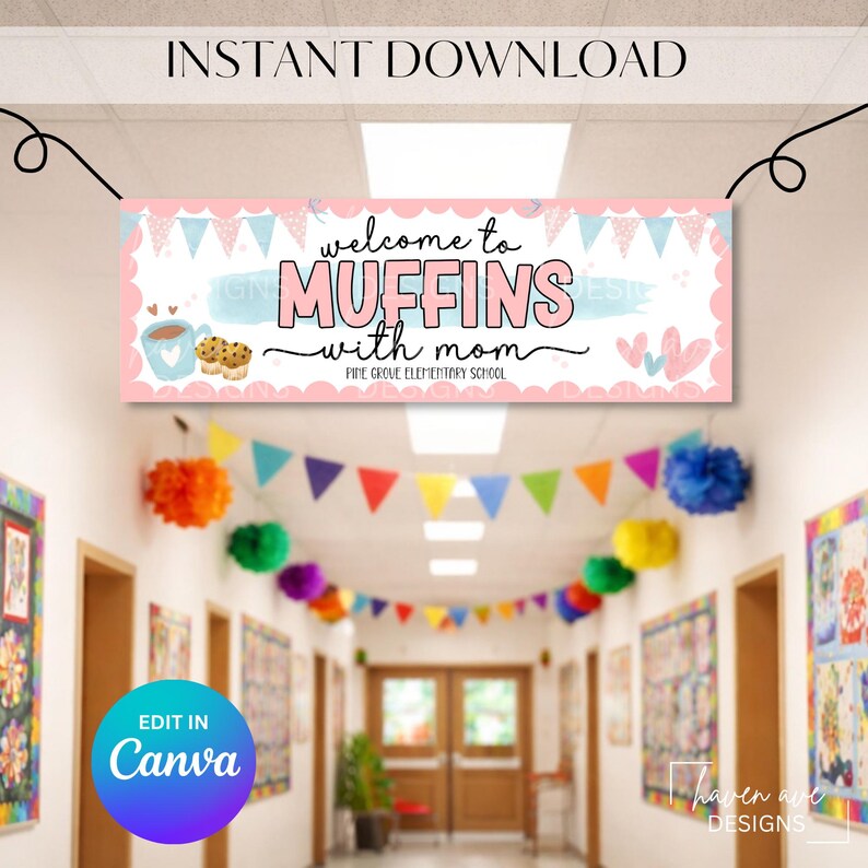 Muffins with Mom Banner Template | Editable Canva Mother’s Day Event Decor (Digital Download)