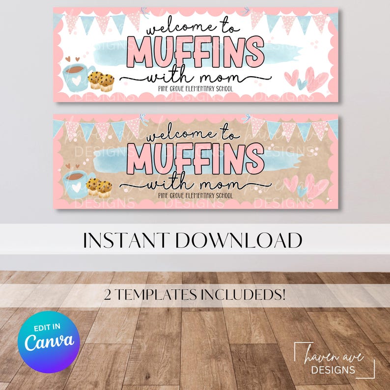 Muffins with Mom Banner Template | Editable Canva Mother’s Day Event Decor (Digital Download)