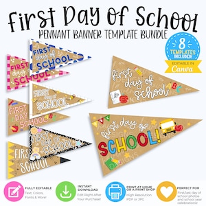 Op de afbeelding: Een verzameling van acht driehoekige wimpelbanner-sjablonen met de tekst First Day of School. De ontwerpen bevatten diverse patronen, schoolthema-afbeeldingen zoals potloden, appels en bussen, en een blauwe ronde badge met de tekst 8 TEMPLATES INCLUDED.