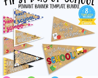 Set di bandierine per il primo giorno di scuola / Accessorio fotografico per il primo giorno di scuola / Mockup di bandierine / Modello digitale Canva 12 x 20 pollici
