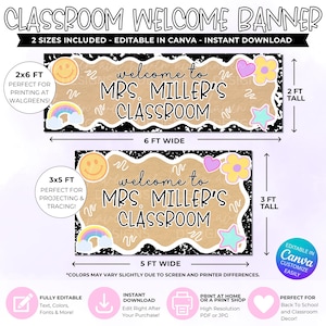May include: A classroom welcome banner featuring the text 'welcome to MRS. MILLER'S CLASSROOM' on a tan wavy background with black and white speckled borders. Decorative elements include a smiley face, rainbow, heart, flower, and star.
