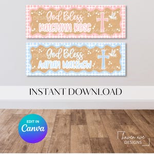 Pode incluir: Duas faixas retangulares com o texto "God Bless" e nomes, uma rosa e outra azul, cada uma com uma cruz e uma ilustração de pomba. As palavras "Download instantâneo" estão abaixo, com um botão de edição Canva e um logotipo.