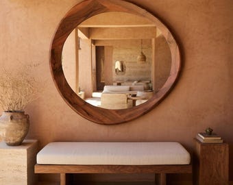 Walnut Large Round Mirror, Organic Circular Statement Wall Mirror