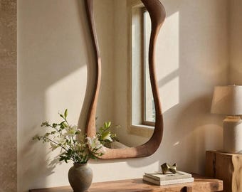 Walnut Irregular Wavy Mirror, Organic Fluid Asymmetrical Wall Mirror