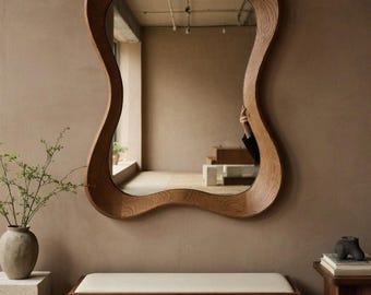 Miroir rond en noyer, grand miroir mural circulaire en bois, design minimaliste