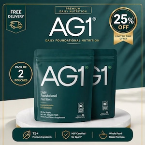 May include: Two dark teal pouches of AG1 Daily Foundational Nutrition. The pouches have white text that reads "AG1" and "Daily Foundational Nutrition." The image also includes text that says "25% OFF" and "Free Delivery."