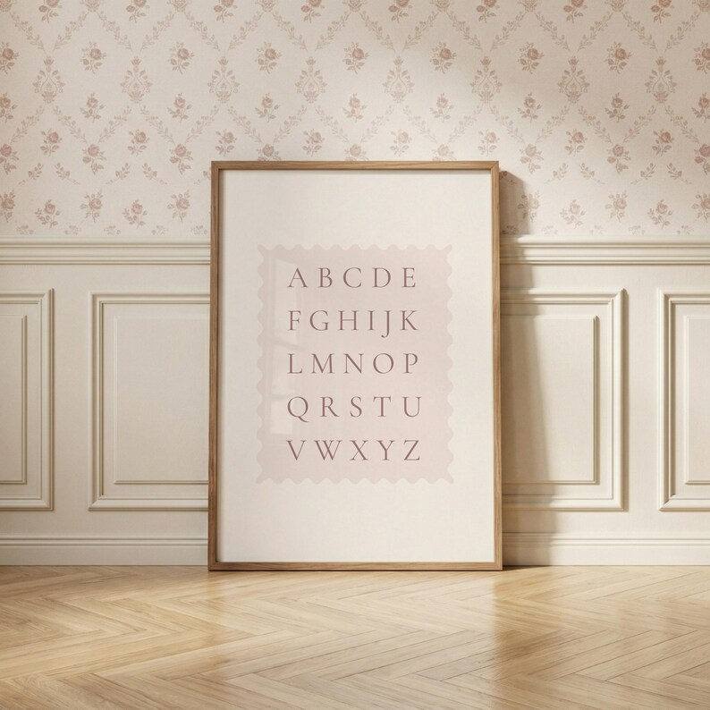 Pink Alphabet Nursery Print, ABC Scalloped Frame Wall Art, Blush Cream ...