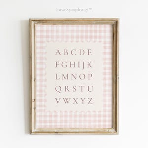 May include: Framed alphabet print with a light pink gingham pattern border. The center features a cream-colored background with the alphabet in a dark pink font. The frame is a light, distressed wood.