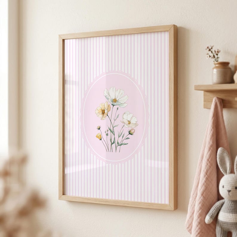 Pink Botanical Nursery Wall Art, Vintage Floral Print, Baby Girl Room ...