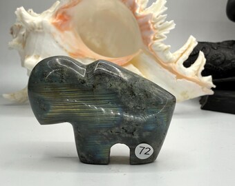 Labradorite Buffalo Carving, Hand Carved Gemstone Bison Statue