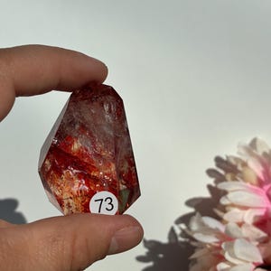 K&ouml;nnte beinhalten: Ein klarer, facettierter Kristall mit roten Einschl&uuml;ssen und einem wei&szlig;en Aufkleber mit der Nummer 73. Der Kristall wird in einer Hand vor wei&szlig;em Hintergrund gehalten, mit einer rosa-wei&szlig;en Blume im Hintergrund.