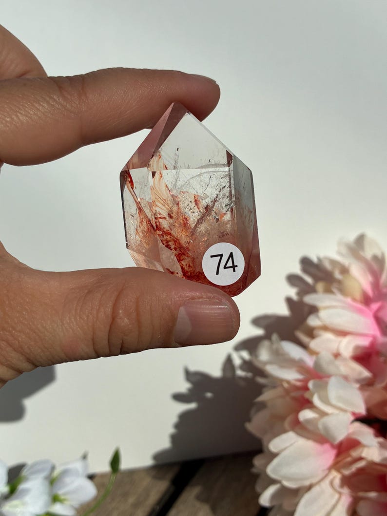 K&ouml;nnte beinhalten: Ein klarer Quarz-Kristall mit roten Einschl&uuml;ssen und einer spitzen Spitze. Der Kristall wird in einer Hand gehalten und hat einen wei&szlig;en Aufkleber mit der Nummer 74. Rosa und wei&szlig;e Blumen sind im Hintergrund.
