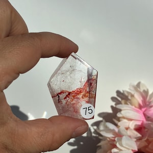 K&ouml;nnte beinhalten: Ein klarer Quarz-Kristall mit roten Einschl&uuml;ssen und facettierter Form wird gehalten. Ein kleiner wei&szlig;er Aufkleber mit der Nummer 75 ist angebracht. Rosa und wei&szlig;e Blumen sind im Hintergrund. Messung in Zentimetern.