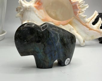 Hand Carved Labradorite Buffalo Statue, Third Eye Chakra Decor, Intuition Crystal
