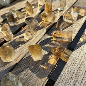 May include: A collection of golden-yellow citrine crystals of various shapes and sizes, scattered on a weathered wooden surface. The crystals are translucent, catching the sunlight and casting shadows. White flowers are visible in the background.