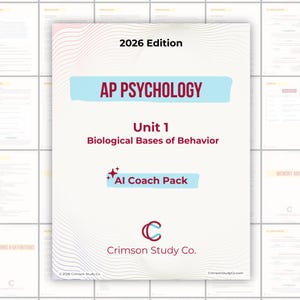 Pode incluir: Um guia de estudo branco intitulado "AP PSYCHOLOGY" com o texto "Unit 1 Biological Bases of Behavior" e "AI Coach Pack". A capa também inclui "2026 Edition" e o logotipo da Crimson Study Co.