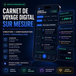 Peut inclure: Capture d'écran d'une application de carnet de voyage numérique sur un smartphone. L'application propose un itinéraire personnalisé, un suivi budgétaire et des réservations. Design premium, conversion de devises.