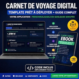 May include: A promotional image for a digital travel journal template. The image features a laptop and a tablet displaying the app interface. Text includes "Digital Travel Journal," "Ready to Deploy Template," and "Personalize Your App in Minutes." The design is in shades of blue and white.