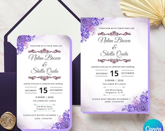 Modello di invito di nozze floreale viola e lilla, versioni stampabili e per dispositivi mobili, modificabile e immediato.
