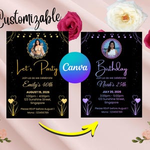 Pu&ograve; includere: Due inviti per feste personalizzabili con sfondi neri, accenti dorati e viola e foto. Uno dice "Let's Party" e l'altro "Birthday". Entrambi includono i dettagli dell'evento e le informazioni RSVP.