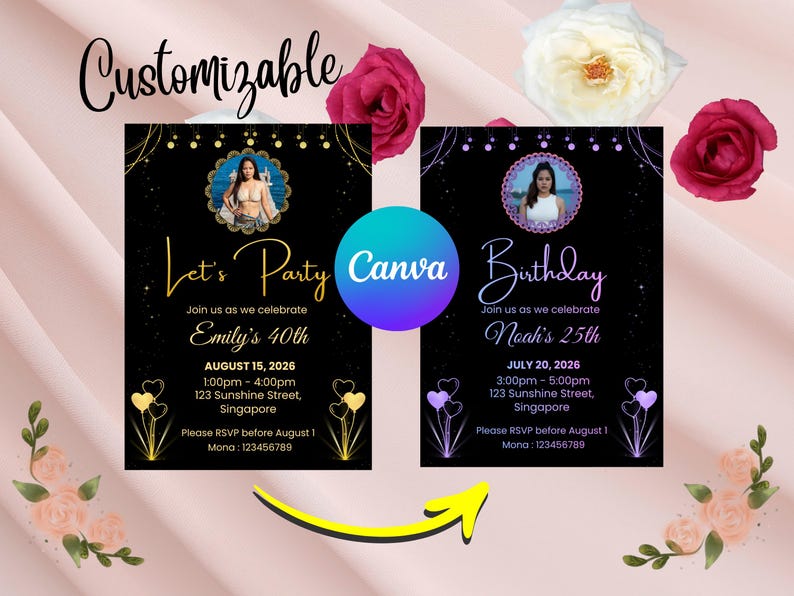 Pu&ograve; includere: Due inviti per feste personalizzabili con sfondi neri, accenti dorati e viola e foto. Uno dice "Let's Party" e l'altro "Birthday". Entrambi includono i dettagli dell'evento e le informazioni RSVP.