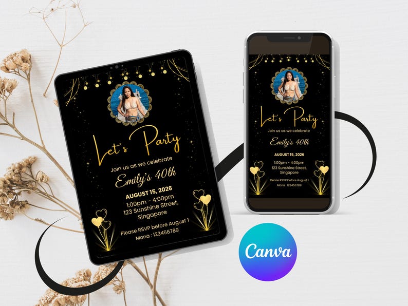 Pu&ograve; includere: Inviti digitali su tablet e smartphone per la festa del 40&deg; compleanno di Emily. Il design presenta uno sfondo nero con dettagli dorati, incluso il testo "Let's Party" e i dettagli dell'evento. &Egrave; visibile un logo Canva.