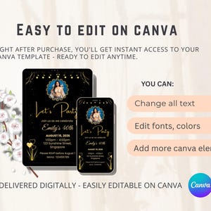 Pu&ograve; includere: Modello di invito digitale per una festa di 40 anni, visualizzato su tablet e smartphone. Il design presenta uno sfondo nero con dettagli dorati, una foto e il testo "Let's Party". Facile da modificare su Canva.