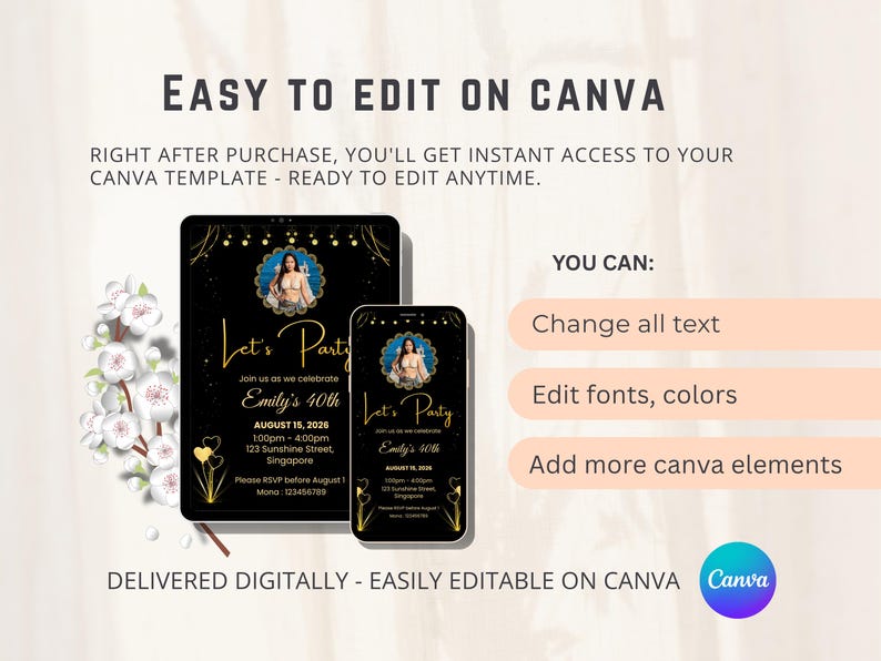 Pu&ograve; includere: Modello di invito digitale per una festa di 40 anni, visualizzato su tablet e smartphone. Il design presenta uno sfondo nero con dettagli dorati, una foto e il testo "Let's Party". Facile da modificare su Canva.