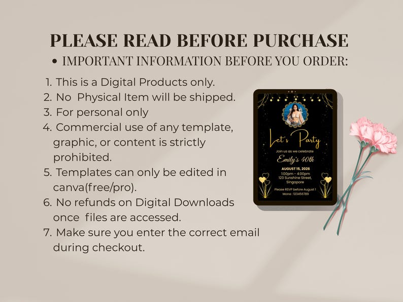 Elegante invito per il 40° compleanno in nero e oro / Invito per la festa modificabile (Download digitale) immagine 6