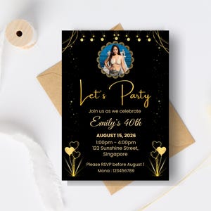 Elegante invito per il 40° compleanno in nero e oro / Invito per la festa modificabile (Download digitale) immagine 3