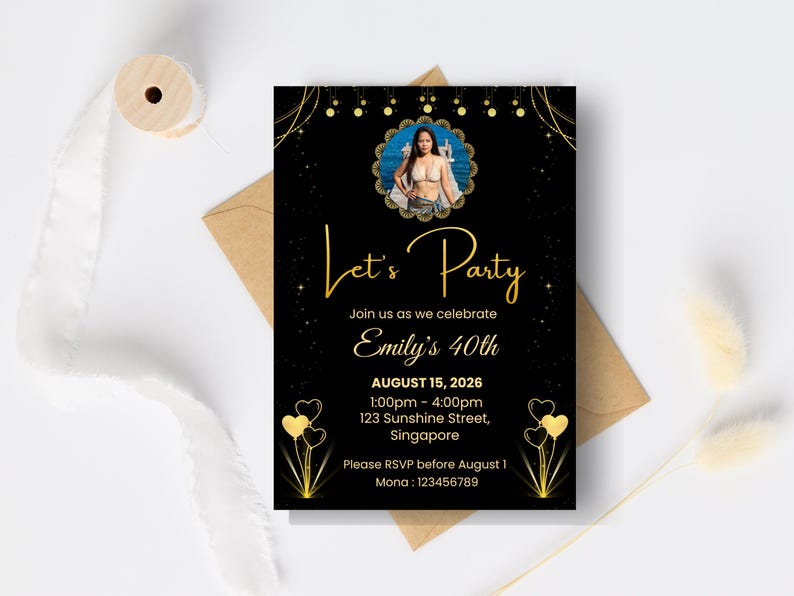 Elegante invito per il 40° compleanno in nero e oro / Invito per la festa modificabile (Download digitale) immagine 3