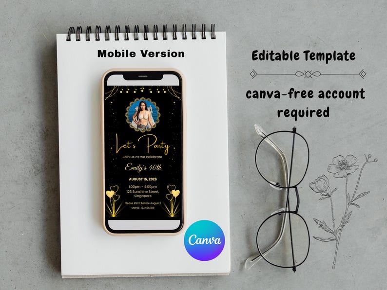 Pu&ograve; includere: Uno smartphone mostra un invito a una festa con il testo "Let's Party" e "Emily's 40th". Il telefono &egrave; su un blocco note bianco, con occhiali e un disegno floreale. L'invito ha un design nero e oro.