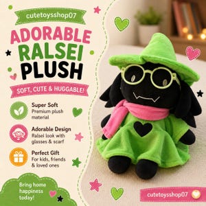 Könnte beinhalten: Ein entzückendes Ralsei-Plüschtier mit grünem Hut, Kleid und Brille sowie einem rosa Schal. Das Plüschtier hat ein schwarzes Gesicht. Der Text auf dem Bild lautet "Adorable Ralsei Plush" und stammt von cutetoysshop07.