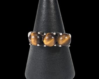 Sterlingzilveren trilogie Tijgeroog-ring. Maat: UK N US 7 – Made in Birmingham