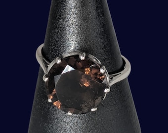 Dark, Large faceted Smokey Quartz solitaire set sterling silver ring