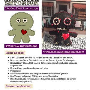 May include: A promotional image for a voodoo doll pincushion pattern from The Salvage Emporium. The image features a green doll illustration and a black doll pincushion. Instructions and needed items are listed, including felt, buttons, and embroidery thread.