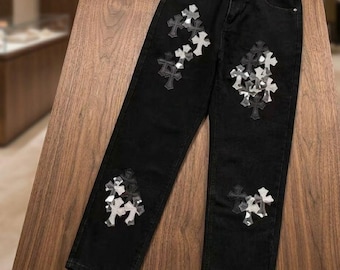 Black Cross Patch Jeans Y2K Streetwear | Gothic Denim Pants | Vintage Grunge Baggy Jeans | Unisex Alt Fashion Trousers