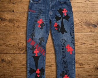 Gothic Kreuz Denim Jeans Y2K Streetwear | Blaue Grafische Hose | Vintage Distressed Hip Hop Jeans | Unisex Trendy Street Style