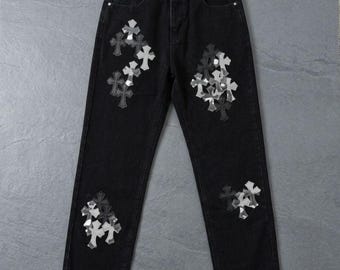 Schwarzes Kreuz Aufnäher Jeans Y2K Streetwear | Gothic Jeans Hose | Vintage Grunge Baggy Jeans | Unisex Alt Fashion Hose